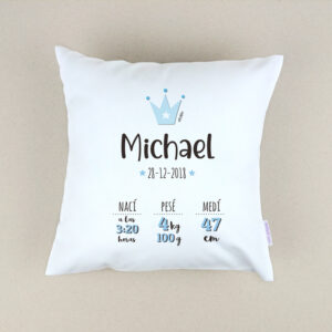 Cojín Datos Nacimiento Personalizado Corona Azul