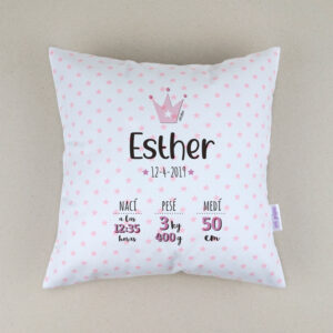 Cojín Datos Nacimiento Personalizado Corona Rosa