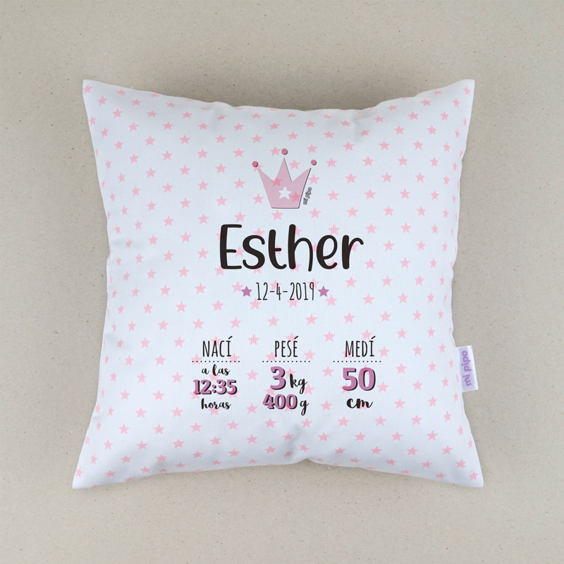 Cojín Datos Nacimiento Personalizado Corona Rosa