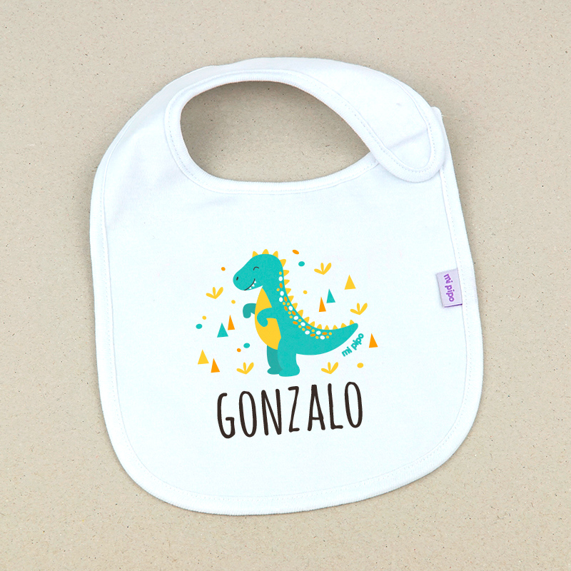 Babero Blanco Personalizado Dinosaurio