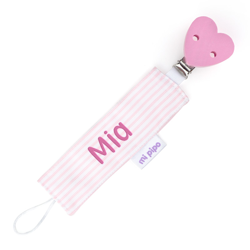 Chupetero Textil Personalizado Rayitas Corazón Rosa