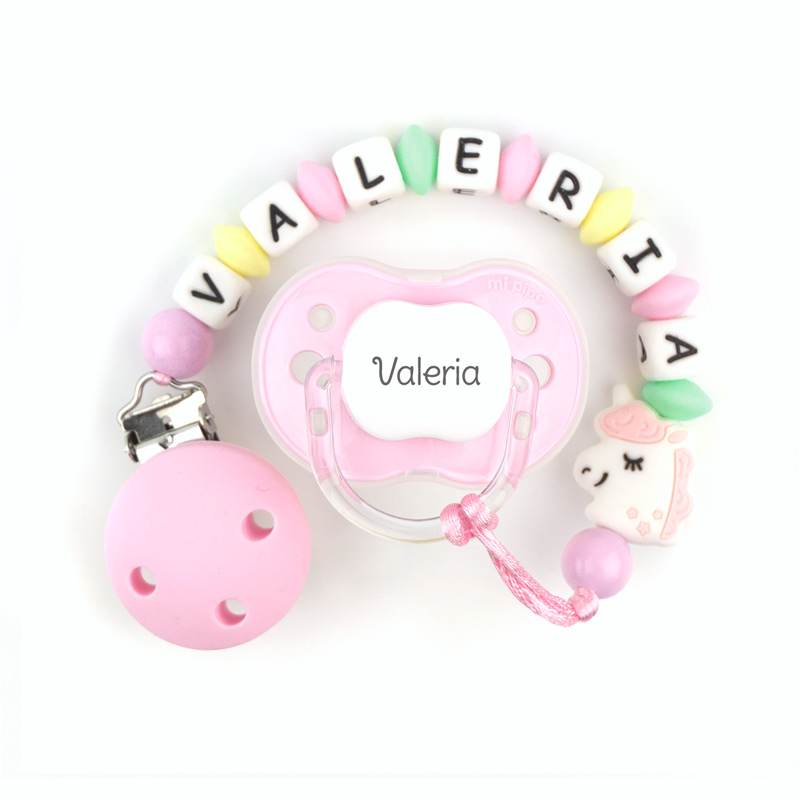 Cajita Chupete Rosa + Chupetero de silicona Unicornio Personalizada