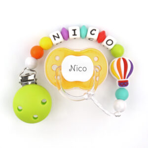Cajita Chupete Amarillo Sunset + Chupetero de silicona Globo Personalizada