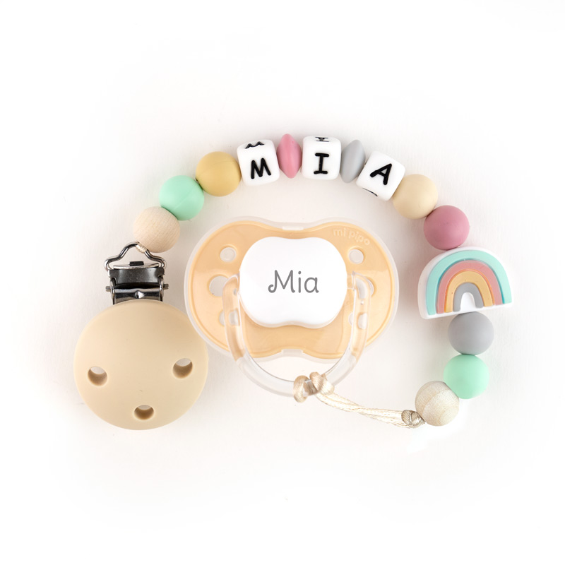 Cajita Chupete Beige + Chupetero de silicona Arcoíris Personalizada