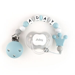 Cajita Chupete Gris + Chupetero de silicona Corona Azul Soft Personalizada