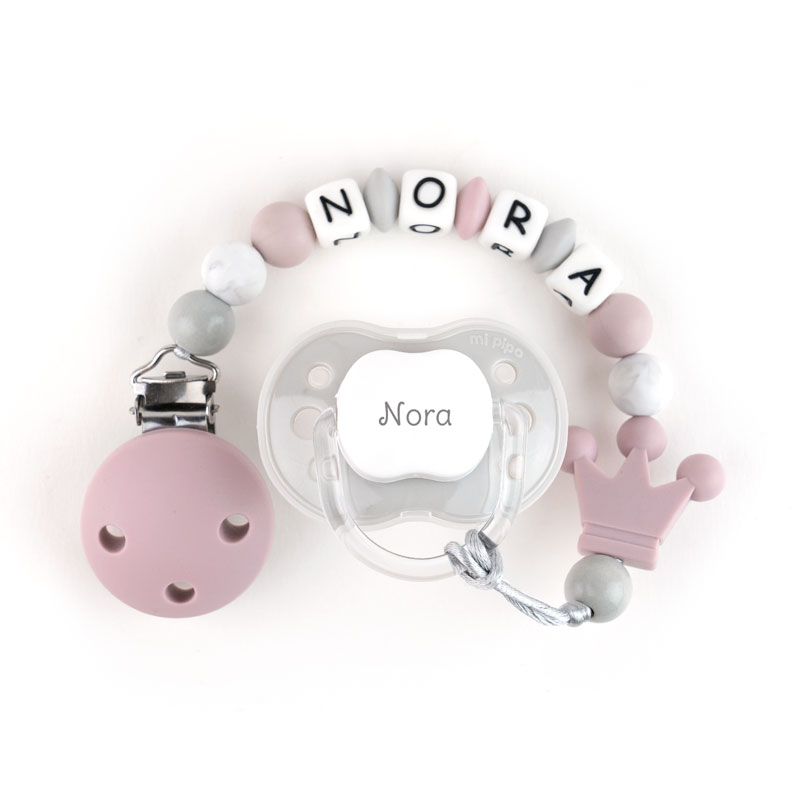 Cajita Chupete Gris + Chupetero de silicona Corona Rosa Soft Personalizada