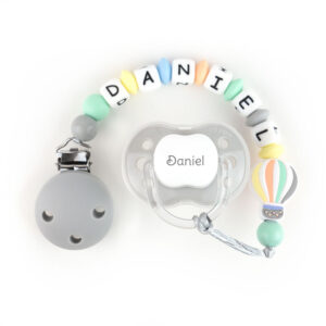 Cajita Chupete Gris + Chupetero de silicona Globo Personalizada