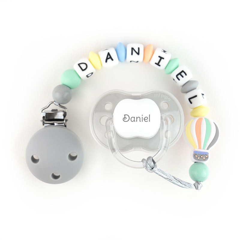 Cajita Chupete Gris + Chupetero de silicona Globo Personalizada