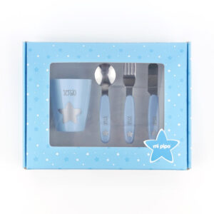 Cajita Vasito + Cubiertos Personalizada Azul