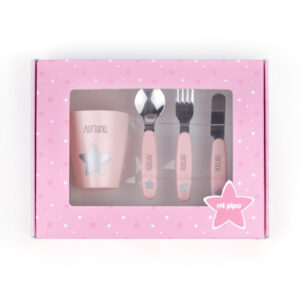 Cajita Vasito + Cubiertos Personalizada Rosa