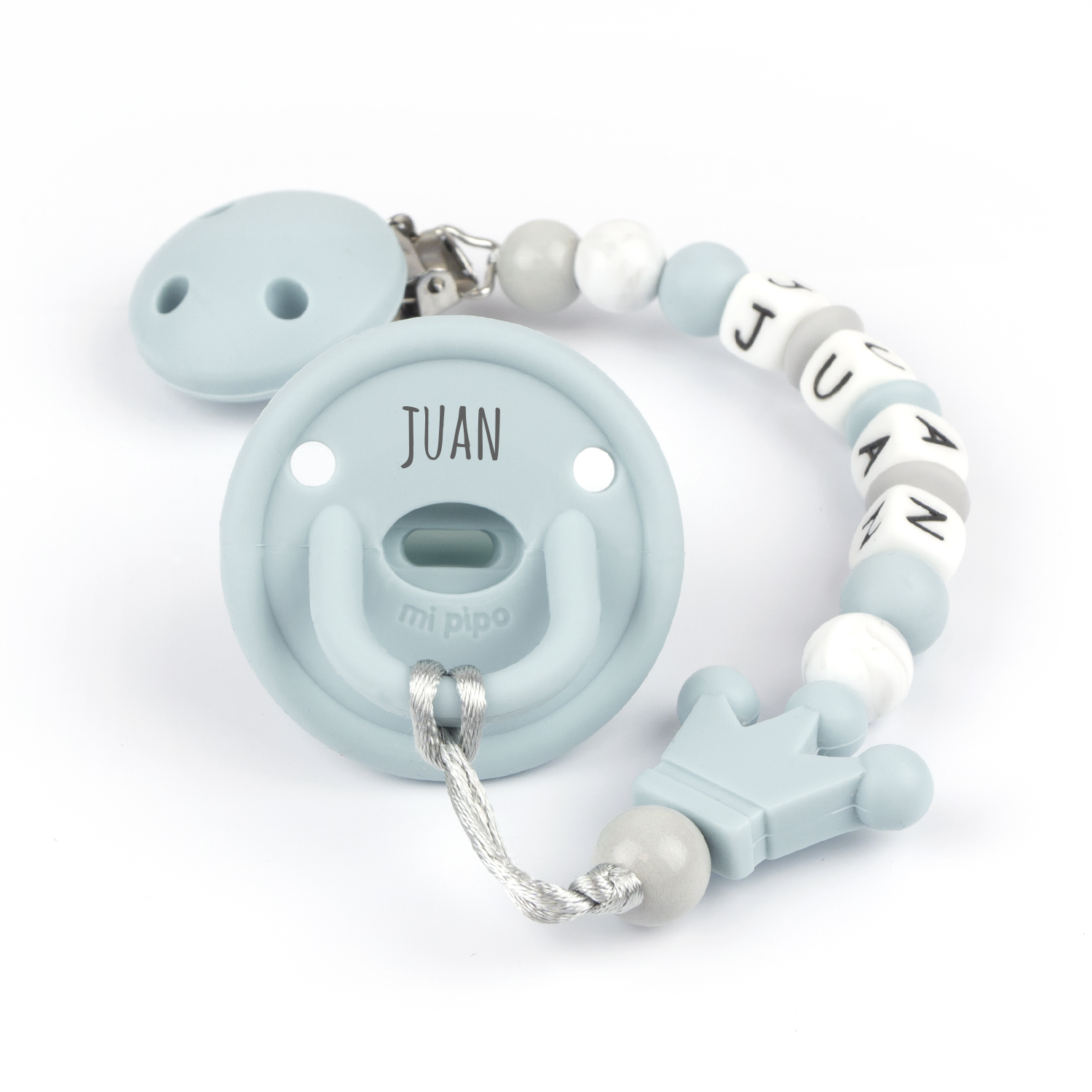 Cajita Chupete Gummy Azul Soft + Chupetero de Silicona Corona Personalizada