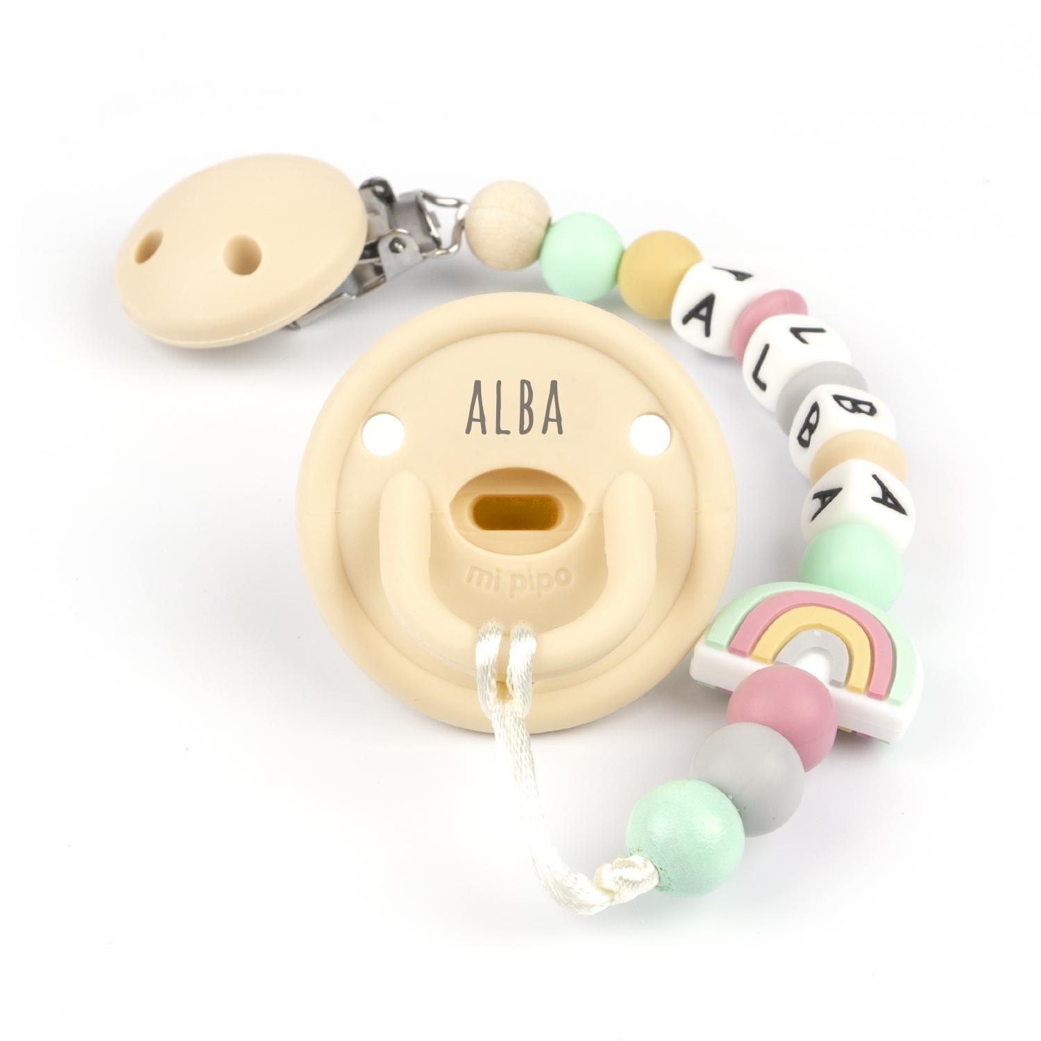 Cajita Chupete Gummy Beige + Chupetero de Silicona Arcoíris Personalizada - Imagen 2