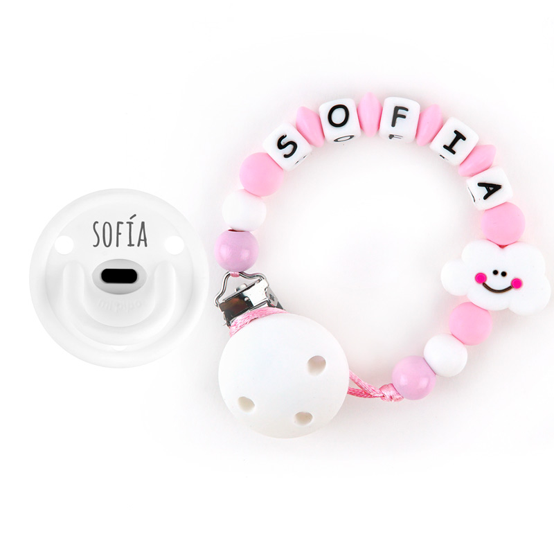 Cajita Chupete Gummy Blanco + Chupetero de Silicona Nube Rosa Personalizada
