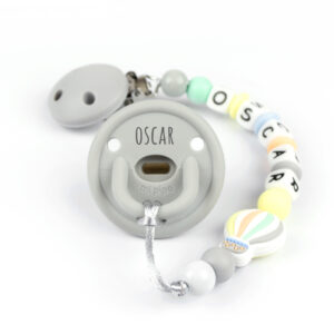 Cajita Chupete Gummy Gris + Chupetero de Silicona Globo Personalizada