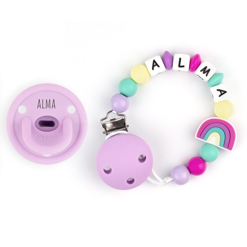Cajita Chupete Gummy Lila + Chupetero de Silicona Arcoíris Personalizada - Imagen 2