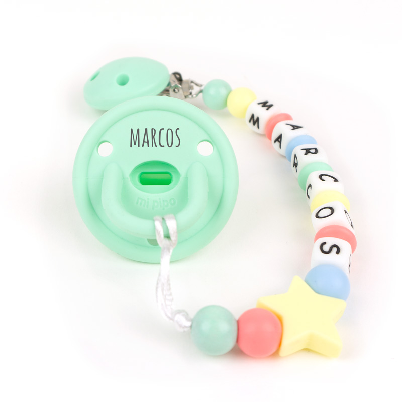 Cajita Chupete Gummy Menta + Chupetero de Silicona Estrella Multicolor Personalizada