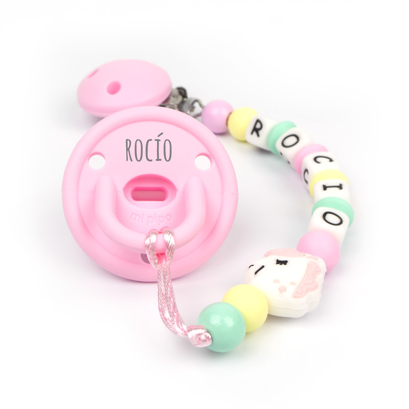 Cajita Chupete Gummy Rosa + Chupetero de Silicona Unicornio Personalizada