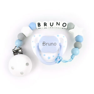 Cajita Chupete Chic Blanco Azul + Chupetero de silicona Baby Personalizada