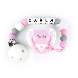 Cajita Chupete Chic Blanco Rosa + Chupetero de silicona Baby Personalizada