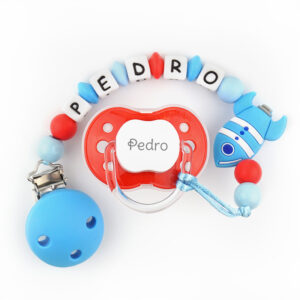 Cajita Chupete Rojo + Chupetero de silicona Cohete Personalizada