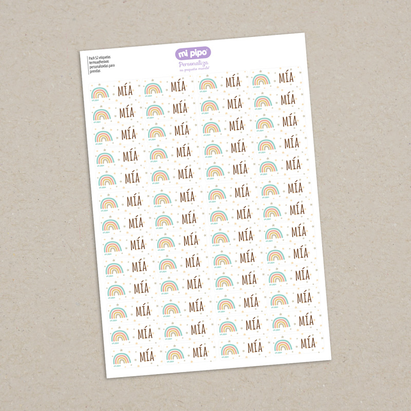 52 Etiquetas termoadhesivas para prendas personalizadas Arcoíris Soft