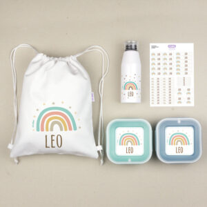 Pack Mi Equipo para el Cole con Petate Personalizado Arcoíris Soft + Regalo Etiquetas objetos