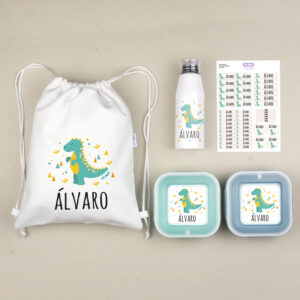 Pack Mi Equipo para el Cole con Petate Personalizado Dinosaurio + Regalo Etiquetas objetos