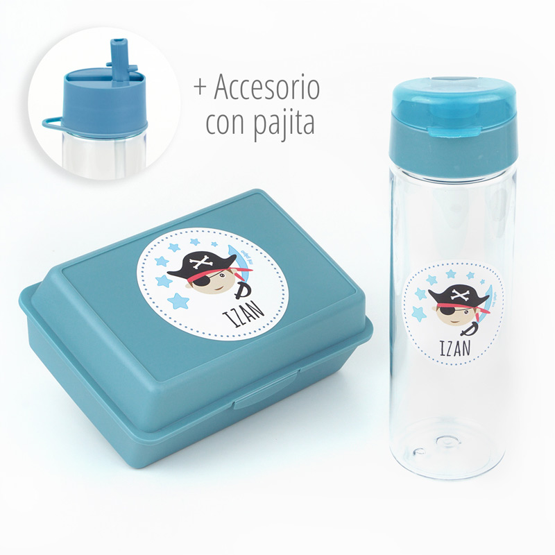 Pack Botella + Cajita Porta Alimentos + Acc. pajita Personalizado Pirata