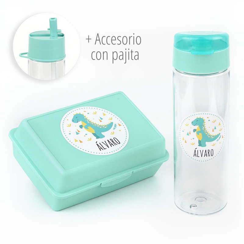 Pack Botella + Cajita Porta Alimentos + Acc. pajita Personalizado Dinosaurio