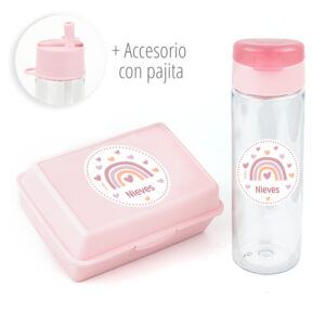 Pack Botella + Cajita Porta Alimentos + Acc. pajita Personalizado Arcoíris Blush