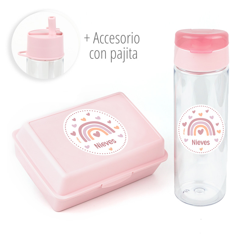 Pack Botella + Cajita Porta Alimentos + Acc. pajita Personalizado Arcoíris Blush