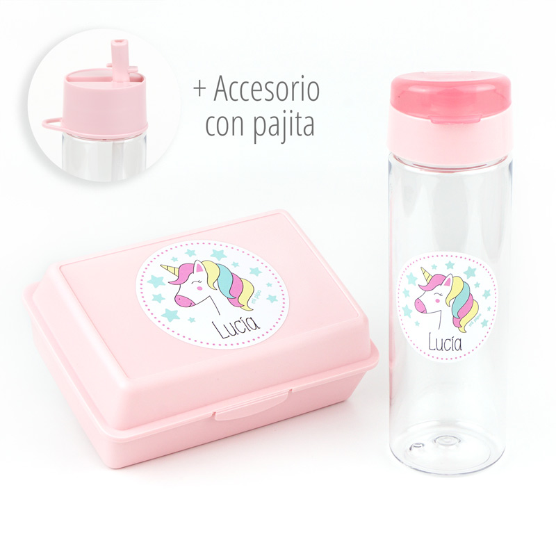 Pack Botella + Cajita Porta Alimentos + Acc. pajita Personalizado Unicornio