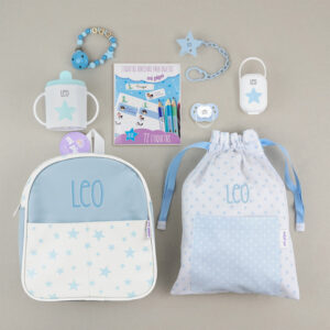 Pack El Primero de Clase Personalizado Azul + Regalo Chupetero de Madera