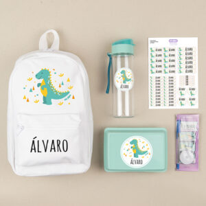 Pack Mi Equipo para el Cole con Mochila Personalizado Dinosaurio + Regalo Cinta marcaprendas