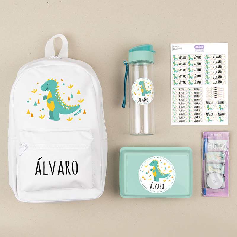 Pack Mi Equipo para el Cole con Mochila Personalizado Dinosaurio + Regalo Cinta marcaprendas
