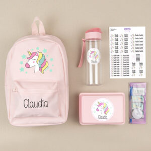 Pack Mi Equipo para el Cole con Mochila Personalizado Unicornio + Regalo Cinta marcaprendas