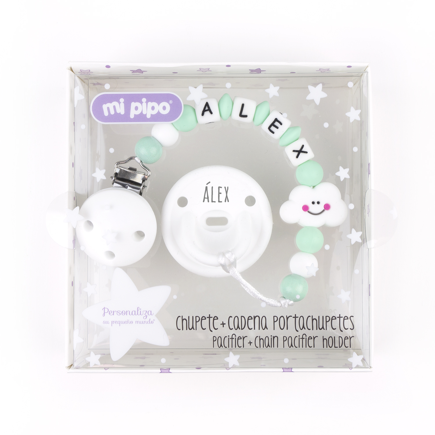 Cajita Chupete Gummy Blanco + Chupetero de Silicona Nube Menta Personalizada