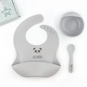 Vajilla con babero, bol y cuchara de silicona Personalizada Gris, dibujo a elegir