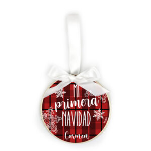 Bola Navidad Madera, Mi Primera Navidad Cuadros Rojos personalizada